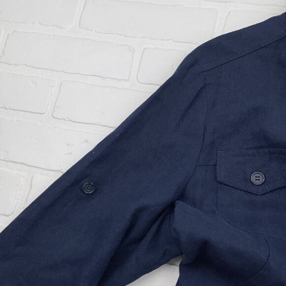 R &K Dress Women 14 Blue Shirt Button Linen Blend Lined Midi Classic - Picture 7 of 16